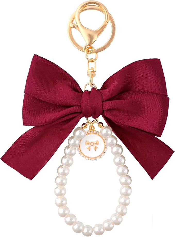 Joez Wonderful Pearl Bow Keychain, Cute Pink Bowknot & Pearl Keyring Charms, Aesthetic Keychain