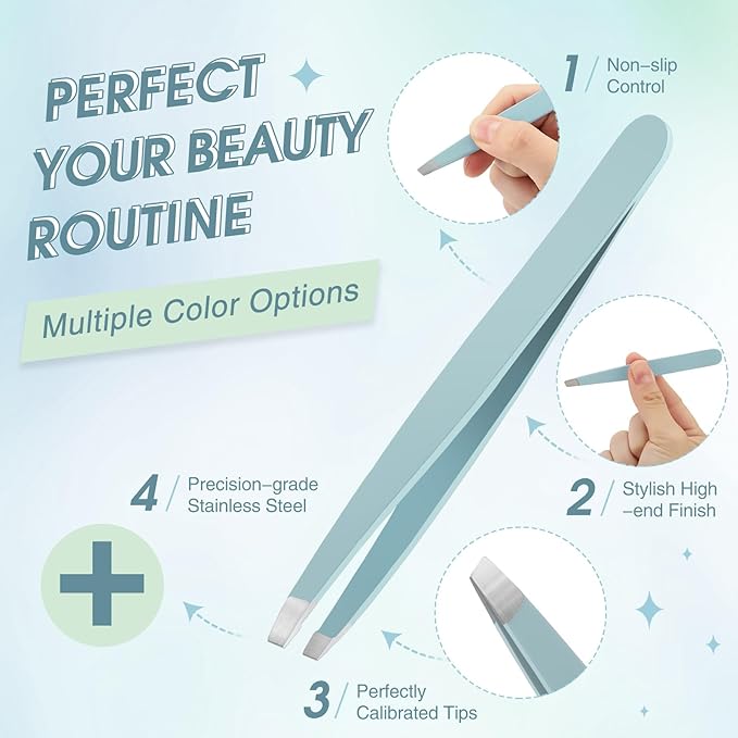Mudder 12 Pcs Eyebrow Tweezers Set for Facial Hair Stainless Steel Slanted Tip Tweezers in Bulk for Men and Women (Light Blue)