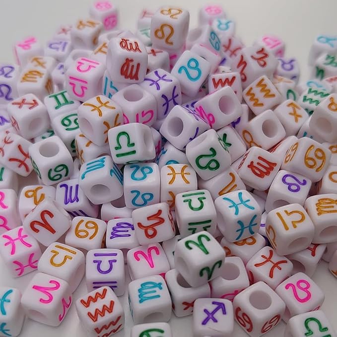 200+ Pieces 7x7mm White Cube Acrylic Alphabet Zodiac Charms Constellation Beads Mixed Plastic Shape Loose Beads for Jewelry Making Bracelets Necklaces Key Chains (Colorful on White)