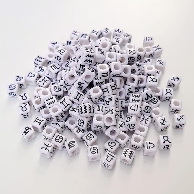 200+ Pieces 7x7mm White Cube Acrylic Alphabet Zodiac Charms Constellation Beads Mixed Plastic Shape Loose Beads for Jewelry Making Bracelets Necklaces Key Chains (Black on White)