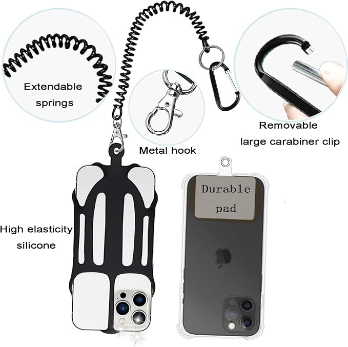Phone Tether with 2 Patch and Silicone Phone Holder,2 in 1 iPhone Lanyard Tether with Carabiner Clip for Anti-Drop,Fits Most Cell Phones (Black)