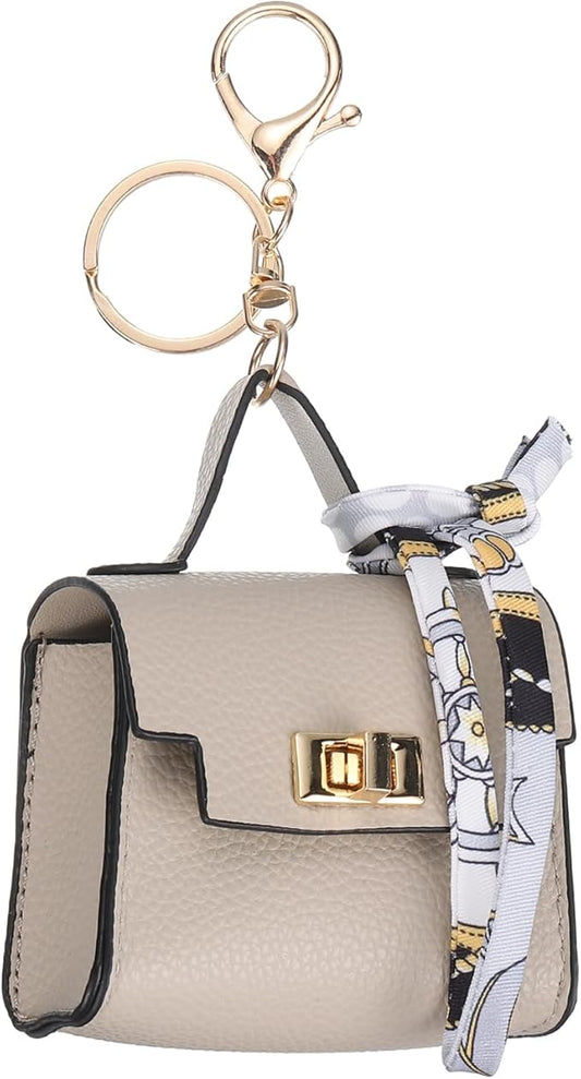 PATIKIL Mini Backpack Keychain, Cute Coin Purse Keychain PU Leather Backpack Purse Key Chain Little Earbud Bag Keychains for Women Mini Card Data Cable Organizer, Beige