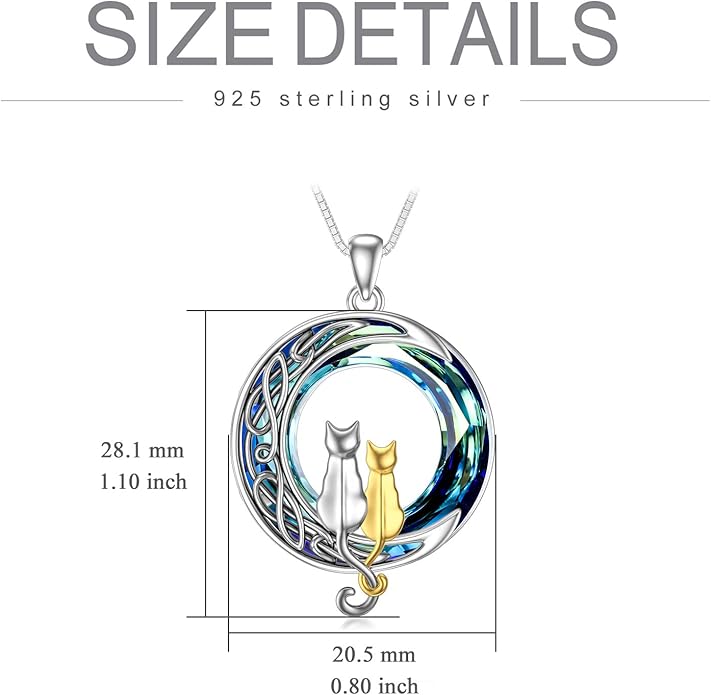 TOUPOP Cat Gifts for Cat Lovers One Two Three Four Cats Necklace Sterling Silver Cats on the Moon Pendant Necklace with Blue Circle Crystal Birthday Christmas Celtic Jewelry Gifts for Women