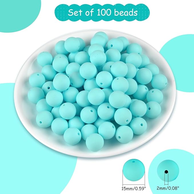 ASTARON 100 Pcs 15mm Silicone Beads for Keychain Making, Cyan Blue Silicone Beads Bulk Round Rubber Beads for Bracelets Beadable Pens Decorations Crafts Supplies