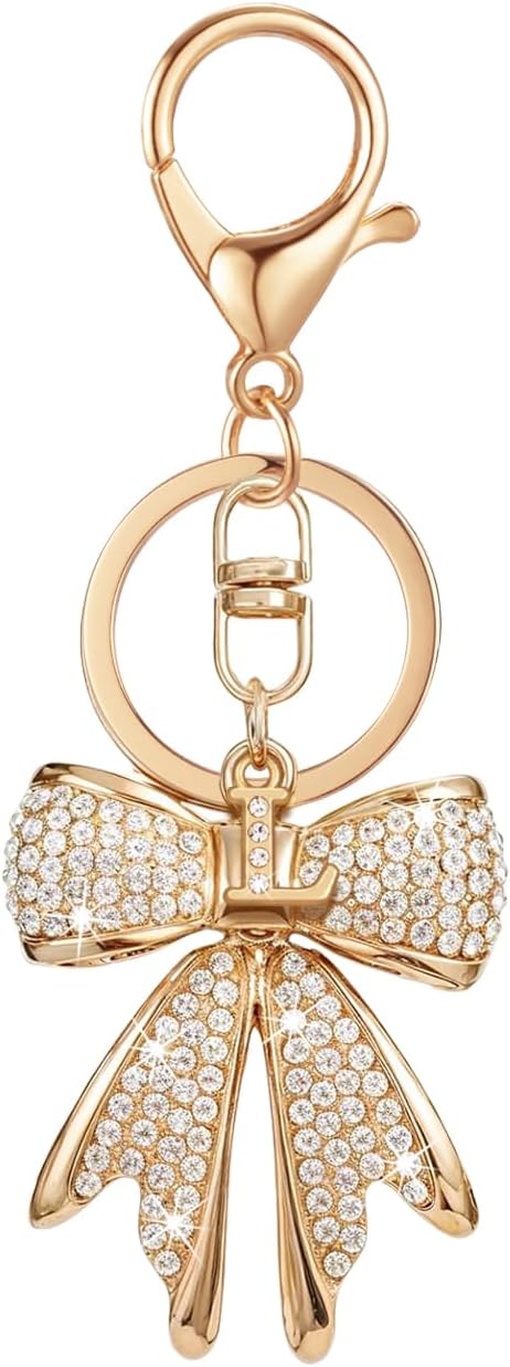 XGALBLA Sparkly Cute Initial Letter Rhinestone Bow Keychain for Women Gold Tone Bag Charms Coquette Aesthetic Purse Charms