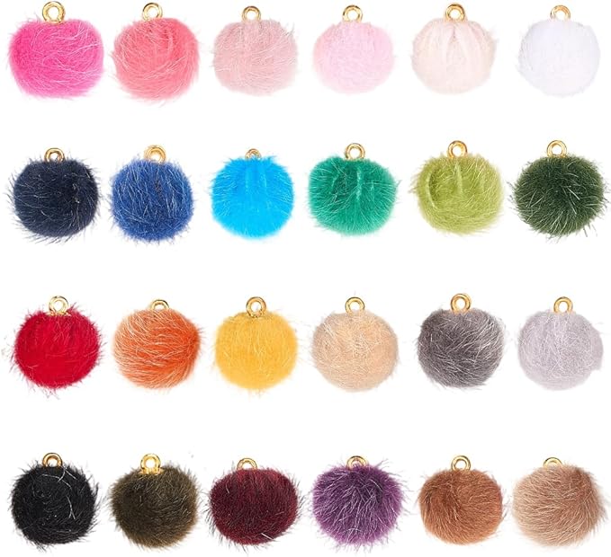 SUNNYCLUE 96Pcs 24 Colors Faux Fur Pom Pom Charm Fluffy Pompom Charms Bulk Colorful Polyester Fuzzy Round Small Ball Pendants with Gold Hoop for Tassel DIY Crafts Jewelry Keychain Making Accessories