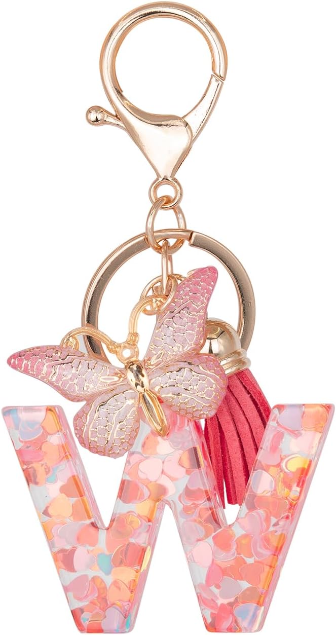 Initial Keychain Cute Pink Resin Letter and Butterfly Charms Keychains for Backpack Purses