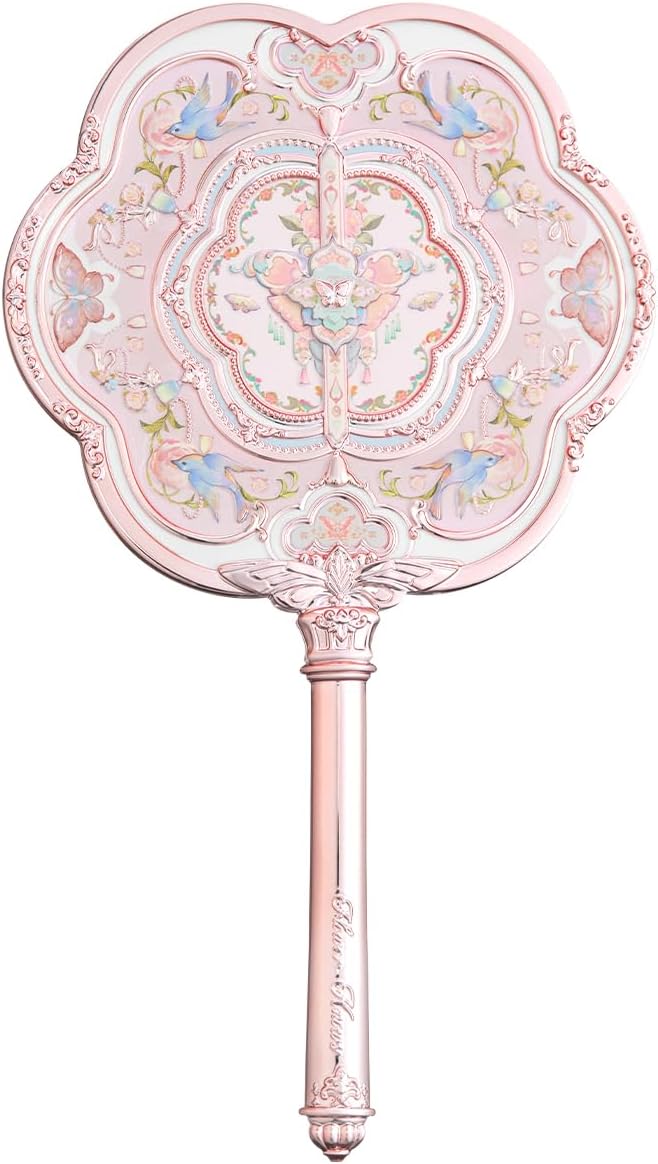 Flower Knows Butterfly Cloud Collar Hand Mirror,Vintage Chinese Round Fan Design,Fancy & Pretty Princess Handheld Mirror with Long Handle,Gift for Girls & Women(Lotus Pink)