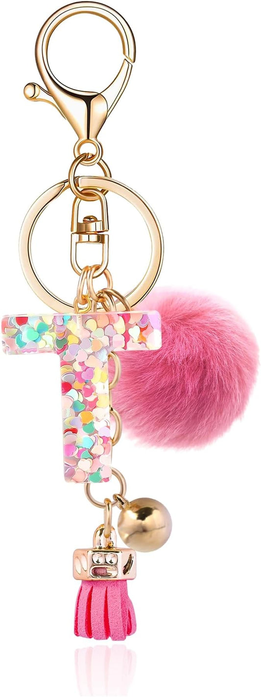 Resin Alphabet Initial Letter Keychain Keyring for Women Purse Handbags With Fur Ball Pom