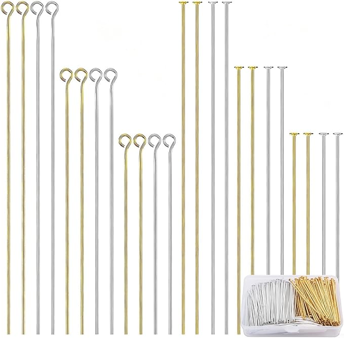 600Pcs Flat Head Pins Eye Pins for Jewelry Making Supplies Metal End Headpins for Craft Earring Bracelet Necklace Pendant Supplies, 1.2", 1.6", 2", Gold and Silver