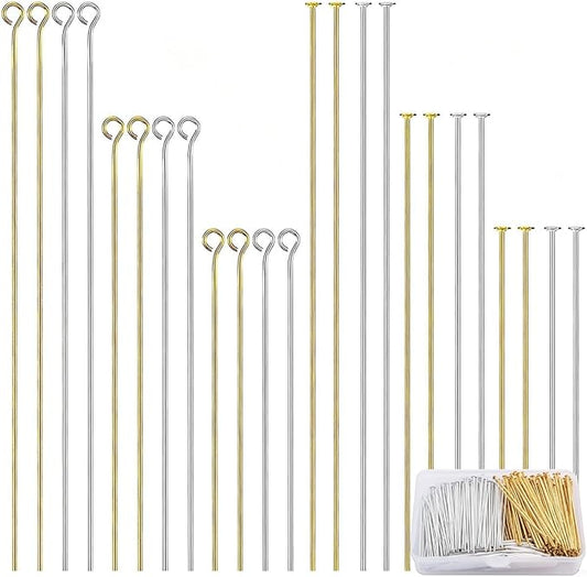 600Pcs Flat Head Pins Eye Pins for Jewelry Making Supplies Metal End Headpins for Craft Earring Bracelet Necklace Pendant Supplies, 1.2", 1.6", 2", Gold and Silver