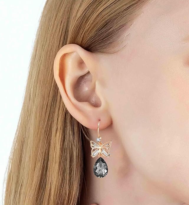 Austrian Crystal Teardrop Butterfly Drop Dangle Earrings for Women 14K Rose Gold Plated Hypoallergenic Jewelry