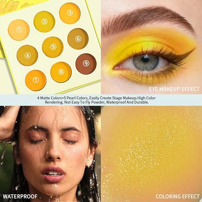 9-Color Yellow Gold Matte Shimmer Eyeshadow Palette – High Pigment Warm Orange, Lemon & Brown Shades, Long-Lasting Waterproof Blendable Eye Makeup for Summer, Sunset & Daily Looks