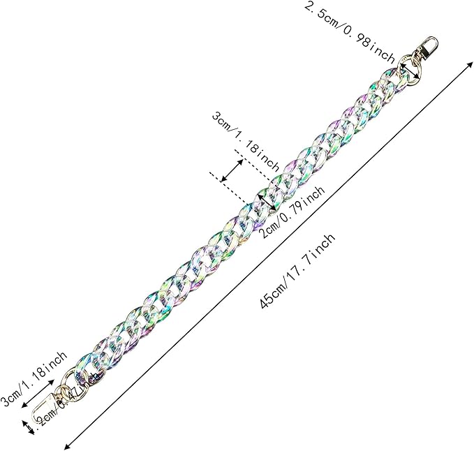 17.7"/45cm Acrylic Resin Chain Handles Bag Purse Detachable Decoration Chain with Buckles, Transparent Rainbow Color Multicolour