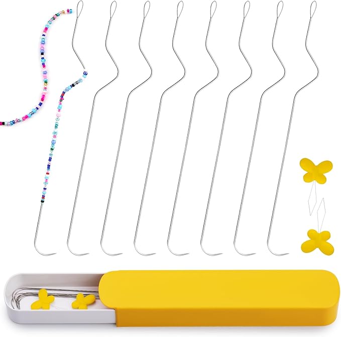 GarfxG 8 PCS Beading Needles-7.48 Inches Stainless Bead Spinner Needles, Big Eye Curved Beading Needles for Jewelry Making with 2pcs Threaders (Ergonomic Arc Design)