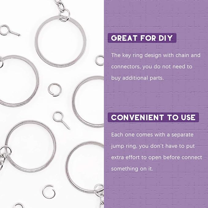 Swpeet 300Pcs 6/5 Inch 30mm Sliver Flat Key Chain Rings Kit, Including 100Pcs Split Keychain Rings with Chain and 100Pcs Jump Ring with 100Pcs Screw Eye Pins Bulk for Jewelry Findings Making