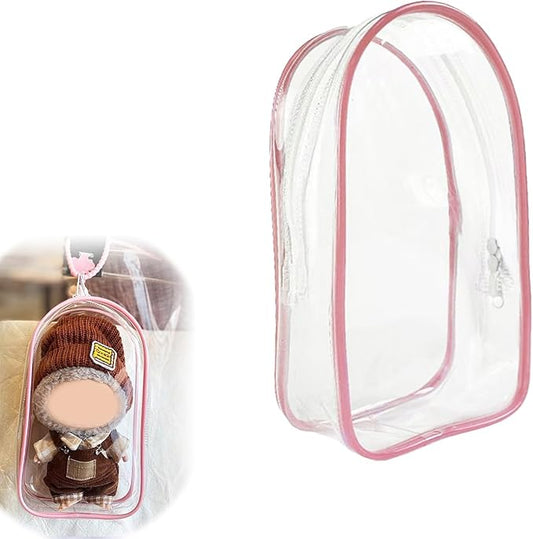Clear Display & Storage Case for 17&15cm Plush Doll PVC Bag with Detachable Keychain for Collectible Toys and Cosmetics, Portable cases for Travel or Home Decor (pink)