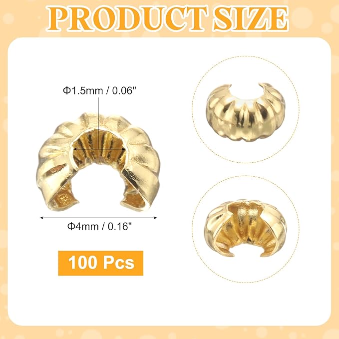 uxcell 100 Pcs Crimp Bead Covers, 4mm/0.16" Half Round Open Crimp Beads Knot Cover, Small Loose Beads End Tip Caps for Bracelet Jewelry Making Craft DIY, Gold