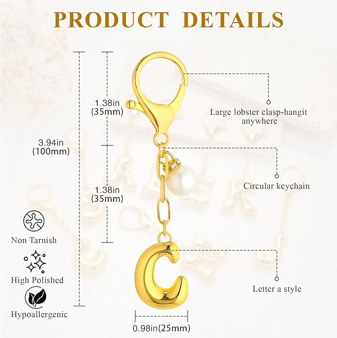 VICKHU Gold Plated Bubble Initial Letter Cute Keychain for Women Car Key Purse Decorative Keyring Handbag Charms Fashion
