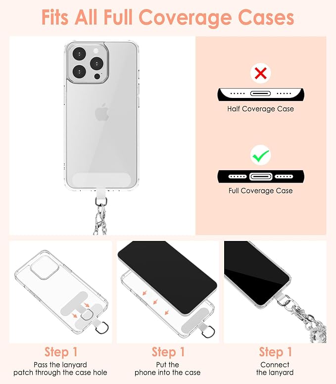 MoKo Universal Phone Lanyard, Metal Cell Phone Chain Crossbody Strap Anti-Theft Detachable Women Cellphone Lanyards Around The Neck with Patches for iPhone, Most Smartphones - Silver (Heart Shape)