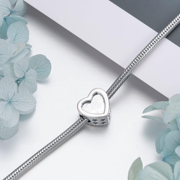 LONAGO 925 Sterling Silver Personalized Photo Charm Fit Compatible for Bracelet Necklace Customized Heart Round Shape Picture Bead