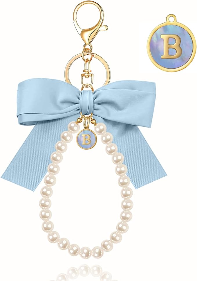 XGALBLA Initial Letter Cute Coquette Bow Keychain for Women, Wristlet Simulated Pearl Keychains Bag Charms for Handbags