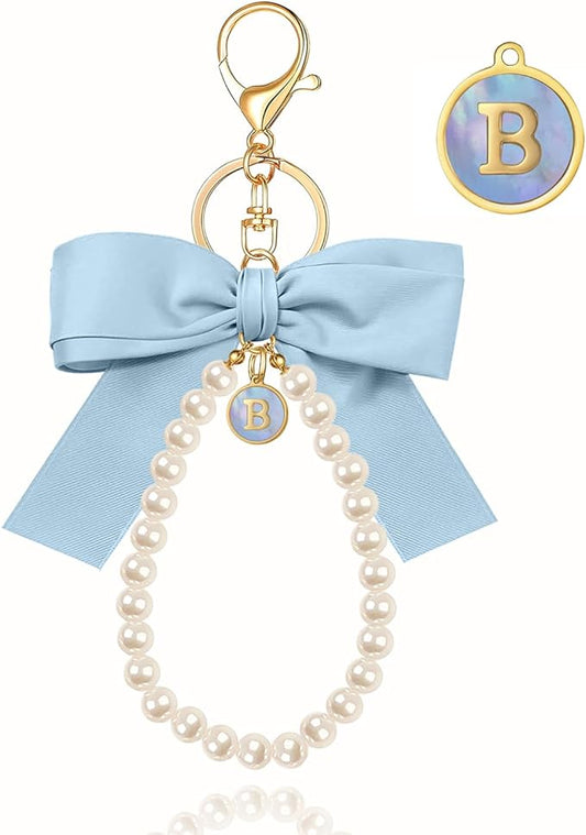 XGALBLA Initial Letter Cute Coquette Bow Keychain for Women, Wristlet Simulated Pearl Keychains Bag Charms for Handbags