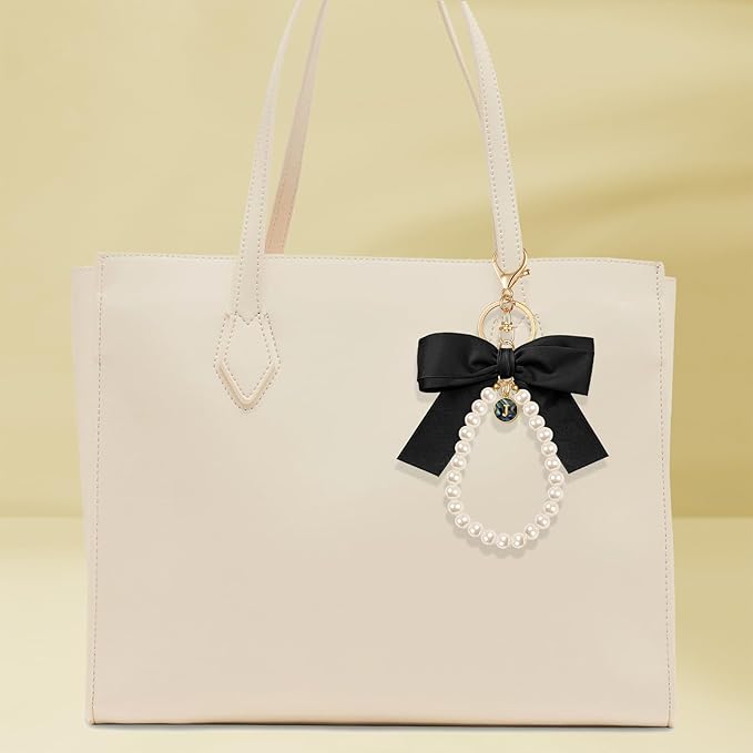 XGALBLA Initial Letter Cute Coquette Bow Keychain for Women, Wristlet Simulated Pearl Keychains Bag Charms for Handbags