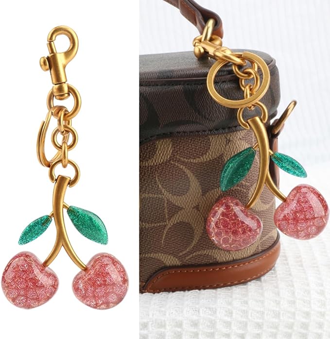 Cherry Keychain for Purse - Resin Alloy Silver Cherry Bag Charm，Cute Fruit Accessory for Women/Gift/Home/Car