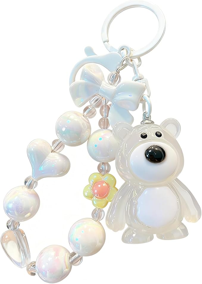 Bear Keychain For Women, Acrylic Bow Heart Flower Beaded Wristlet Gradient Color Colorful Gift Accessories