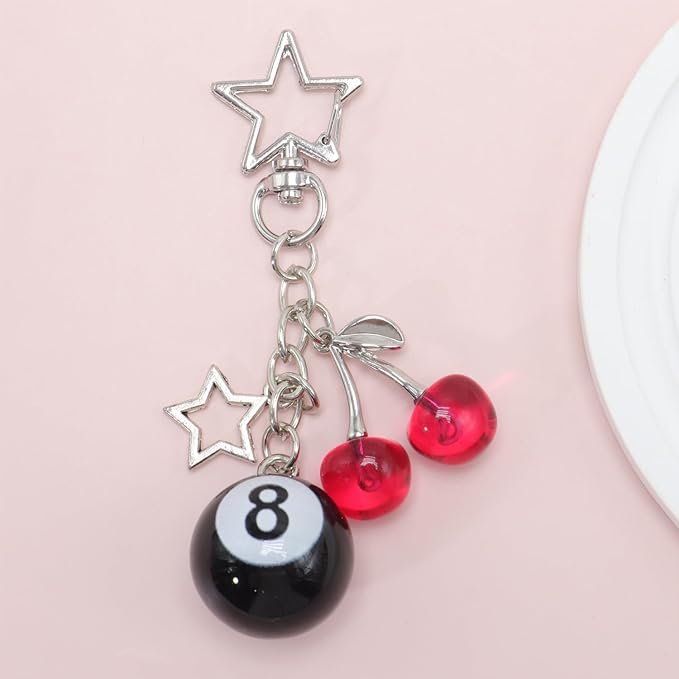 8 Ball Dice Keychain, Y2k Dice Purse Bag Charm with Cherry Star Heart Handbag Accessories for Women Men