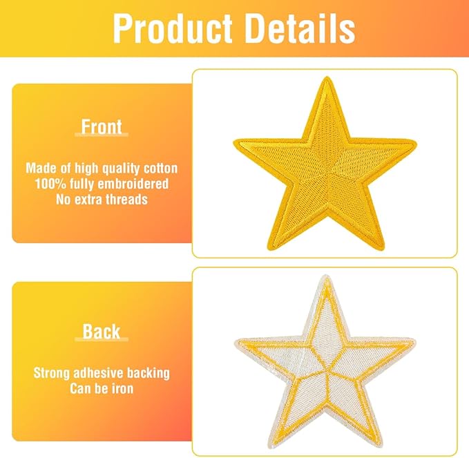 WILDREEDS 24 Pieces Star Iron on Patches, Star Embroidered Patch for Clothing, T-Shirt, Backpacks, Hats, Jeans, Jackets (Yellow)