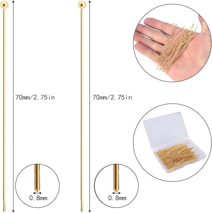 200 Pcs 70mm/2.76 Inch 21 Gauge Ball Pins for Jewelry Making Straight Head Eye Pin for DIY Christmas Styles Craft Earring Bracelet Necklace Pendant Making (Ball Pins,Gold Color)