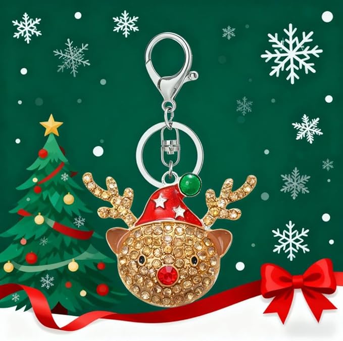 Dreuyet Christmas Keychain Rhinestone Crystal Christmas Tree Santa Purse Bag Handbags Charms for Women Lady Friends