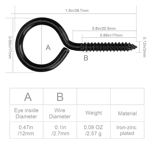 Aovchei Eye Screws, 100PCS 1.5 Inches Heavy Duty Metal Screw Hooks, Self Tapping Eye Bolts, Indoor & Outdoor for Hanging Artwork, Black
