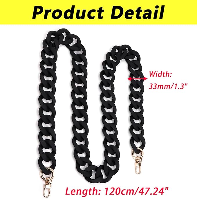 Flat Chain Strap 47.2"/120cm Shoulder Bag Strap Replacement Decorative DIY Purse & Handbag Strap Accessories, Matte Black
