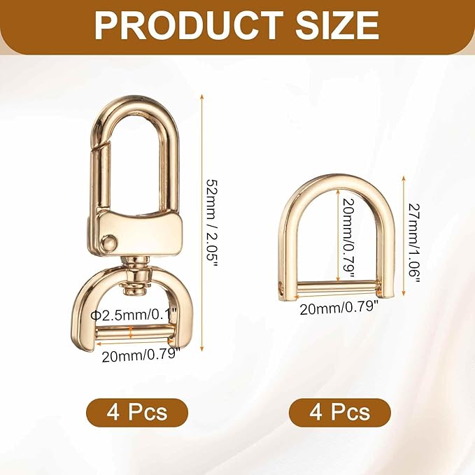 HARFINGTON 4pcs Detachable Snap Hook Swivel Clasp 3/4" (20mm) Zinc Alloy Lobster Claw Clasp with 4pcs D-Rings Screw in Shackle for Keychain Lanyard Purse DIY Purse Strap, Light Gold