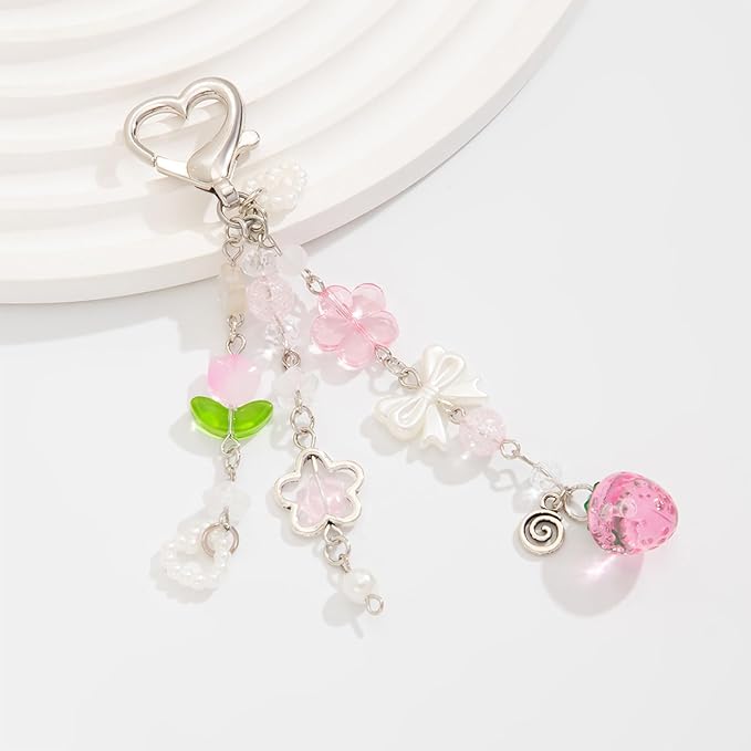 Angyape Cute Pink Strawberry Keychain Y2K Keychain Bow Flower Heart Pendant Bag Charms Kawaii Aesthetic Accessories for Women