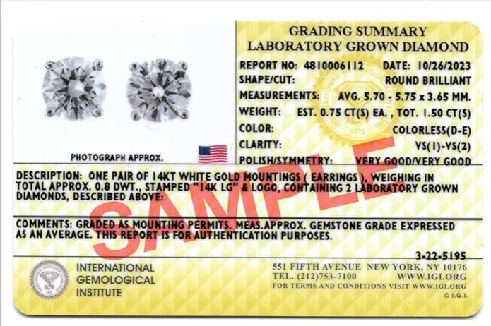 IGI Certified 1 to 10 Carat D-E Color and VS1-VS2 Clarity Lab Grown Diamond Stud Earrings for Women I 14k White Gold Earrings for Her I Secure Screw Back Made in USA by Beverly Hills Jewelers