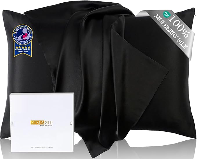 ZIMASILK Upgraded 100% 6A Grade Pure Mulberry Silk Pillowcase for Hair and Skin Silk Pillow Cases with Reinforced Hidden Zipper, More Soft & Durable, Gift Box (Queen 20"x30" Black)