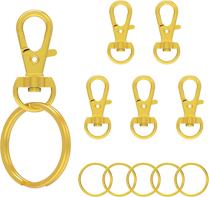 sprookber 100pcs Golden Metal Lobster Claw Clasp with Key Ring, Keychain Rings for Crafts, Key Jewelry DIY Crafts, Lanyard Clips snap Hook, Swivel Clasps Clip (Claw Clasp 50pcs+Key Ring 50pcs)