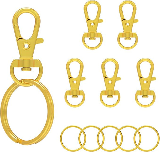 sprookber 100pcs Golden Metal Lobster Claw Clasp with Key Ring, Keychain Rings for Crafts, Key Jewelry DIY Crafts, Lanyard Clips snap Hook, Swivel Clasps Clip (Claw Clasp 50pcs+Key Ring 50pcs)