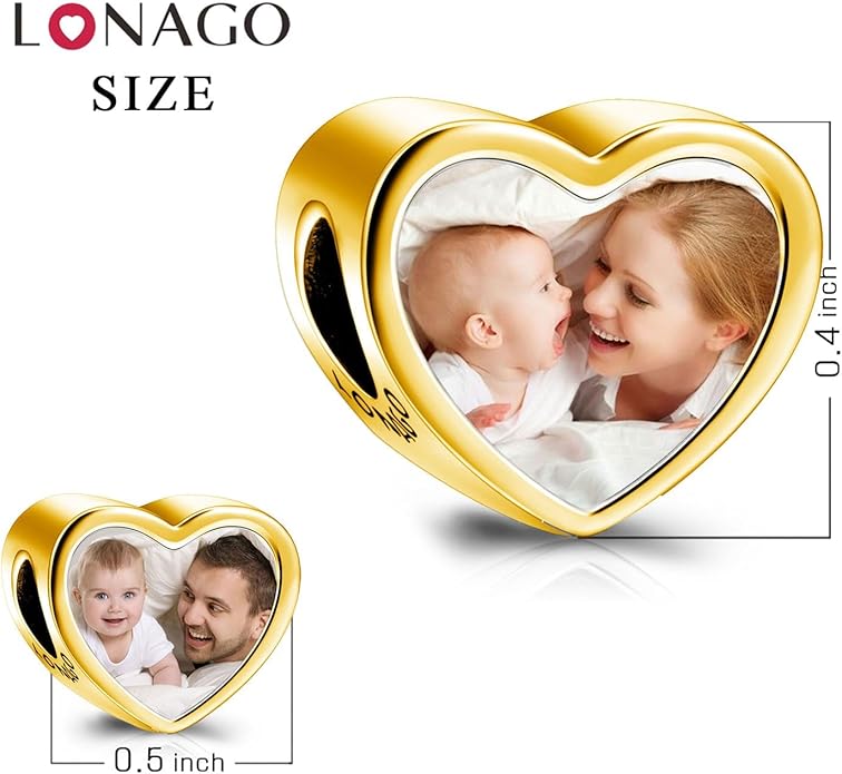 LONAGO 925 Sterling Silver Personalized Photo Charm Fit Compatible for Bracelet Necklace Customized Heart Round Shape Picture Bead