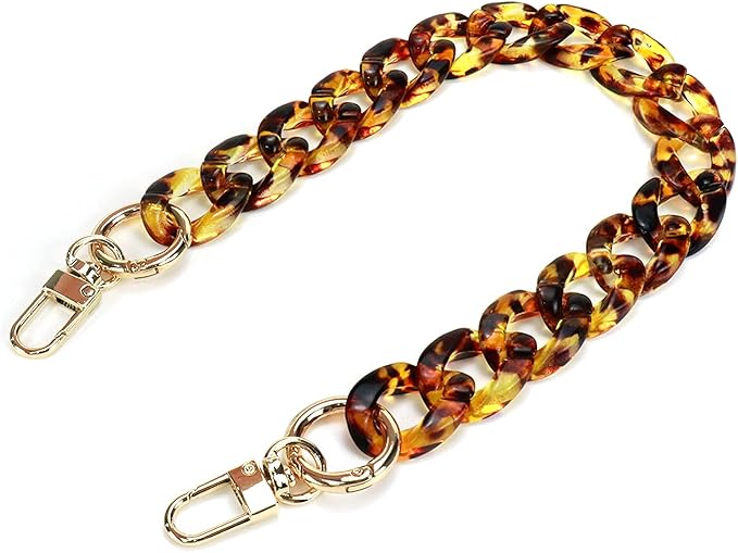 15.7"/40cm Vintage Acrylic Resin Chain Short Thick Resin Purse Shoulder Strap, Amber Color Leopard Print with Buckle