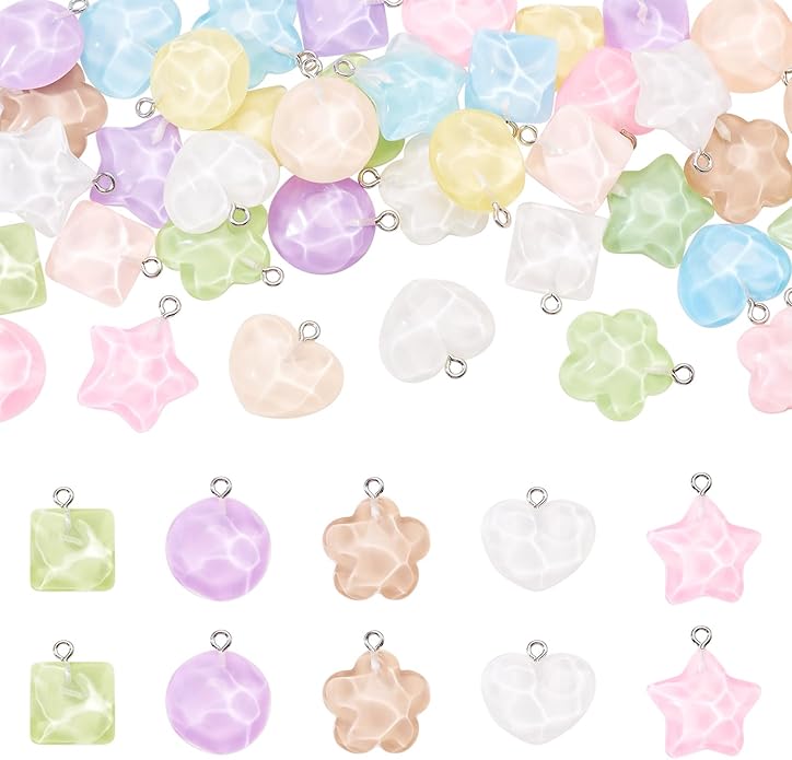 Resin Love Heart Star Flower Charms Colorful Heart Floral Pentagram Pendants Cute Hang Ornament for DIY Crafts Necklace Bracelet Keychain Jewelry Making