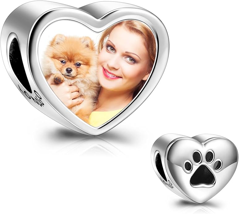 LONAGO 925 Sterling Silver Personalized Photo Charm Fit Compatible for Bracelet Necklace Customized Heart Round Shape Picture Bead