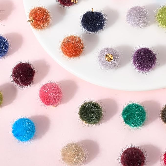 SUNNYCLUE 96Pcs 24 Colors Faux Fur Pom Pom Charm Fluffy Pompom Charms Bulk Colorful Polyester Fuzzy Round Small Ball Pendants with Gold Hoop for Tassel DIY Crafts Jewelry Keychain Making Accessories