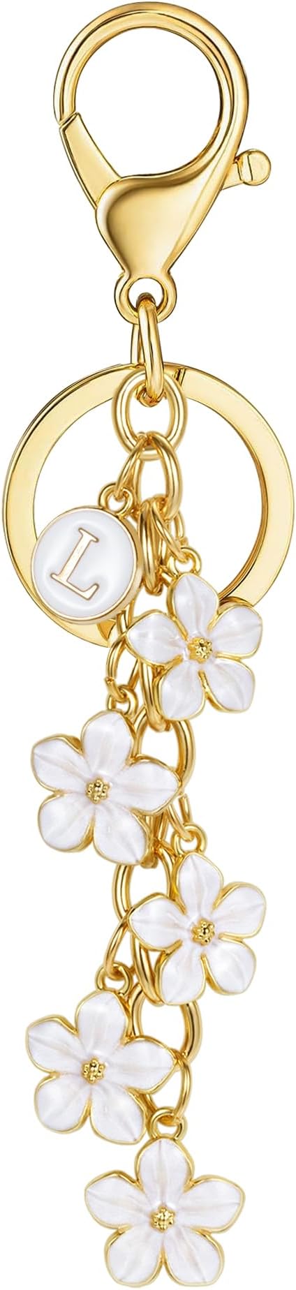 XGALBLA White Pink Black Cute Initial Letter Keychain for Women, Flower Bag Charms Enamel Keyring for Handbag Backpack