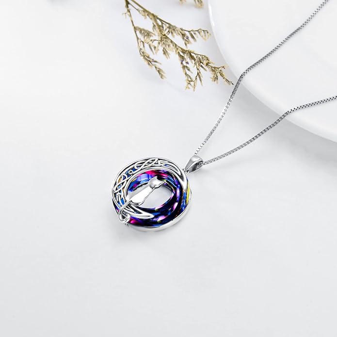 TOUPOP Cat Gifts for Cat Lovers One Two Three Four Cats Necklace Sterling Silver Cats on the Moon Pendant Necklace with Blue Circle Crystal Birthday Christmas Celtic Jewelry Gifts for Women