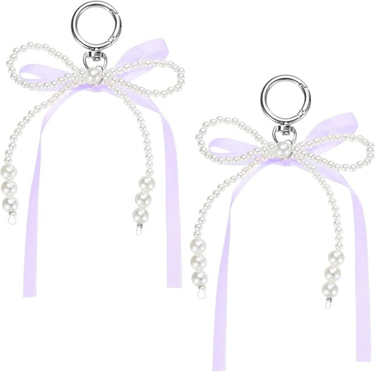 MECCANIXITY Pearl Bow Keychain, Y2k Aesthetic Imitation Pearl Bowknot Ribbon Keyring for Tote Bags Purse Handbag Charm